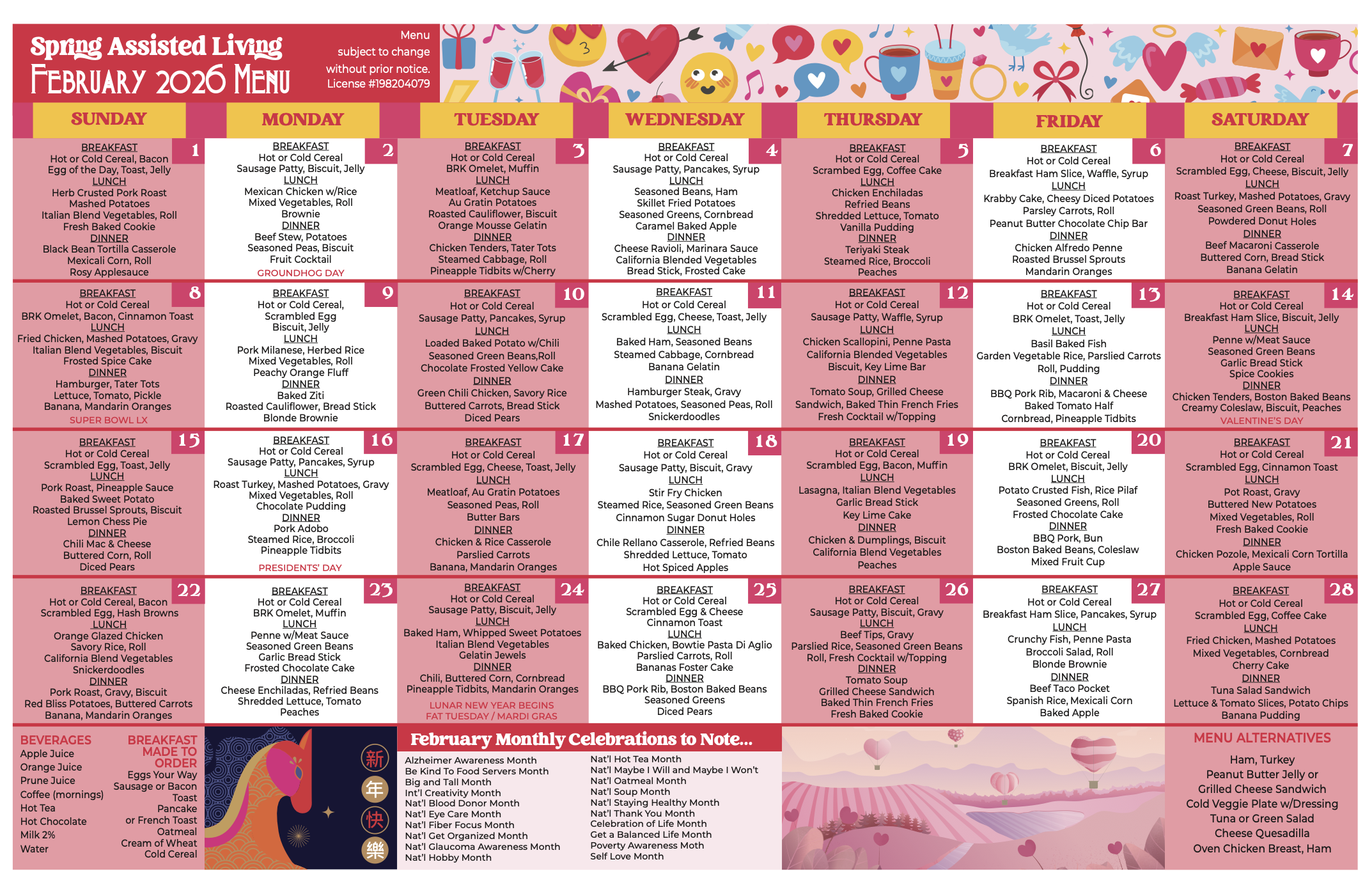 Spring Senior AL February Menu