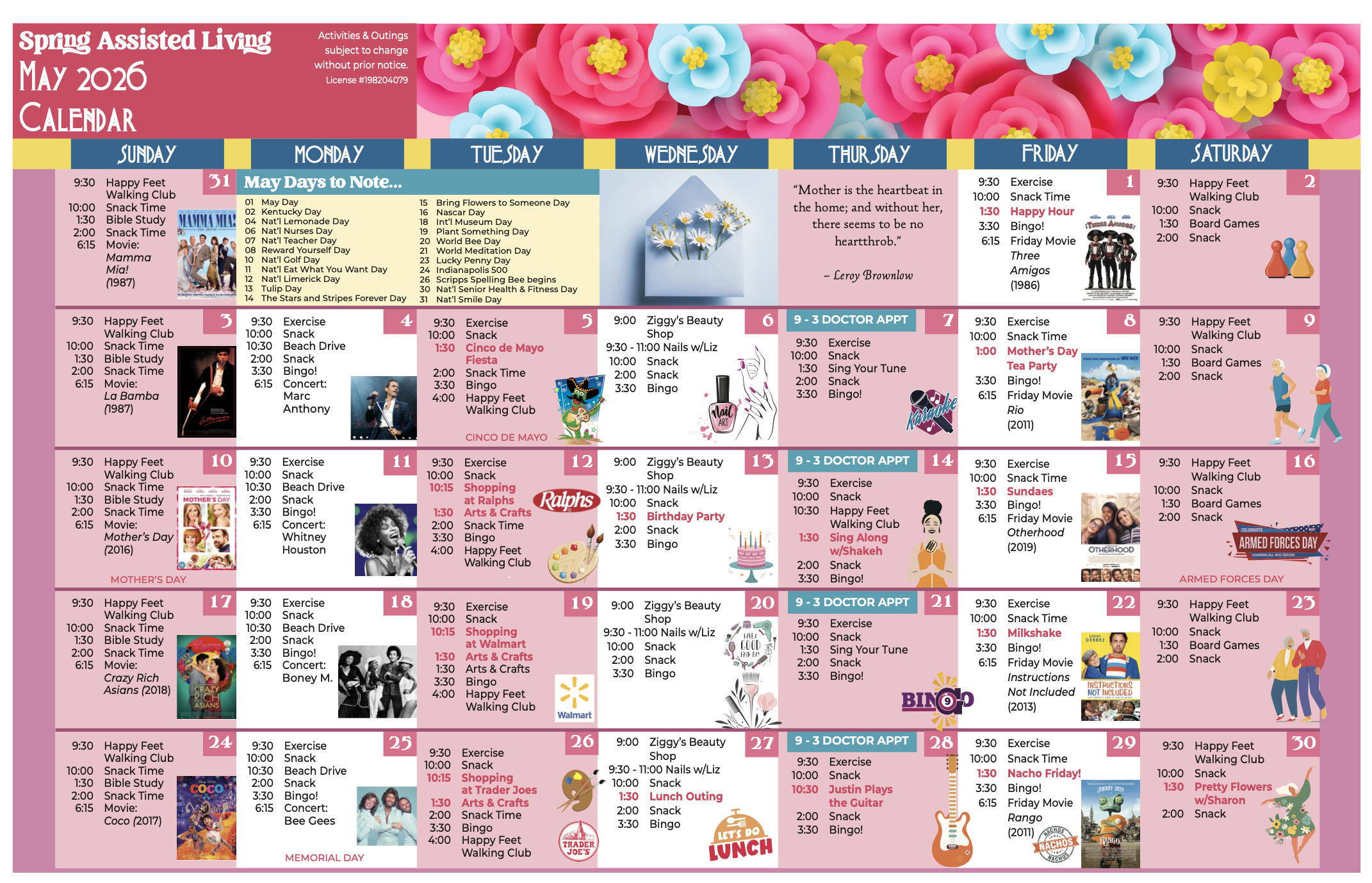 Spring Senior Assisted Living May Activity Calendar